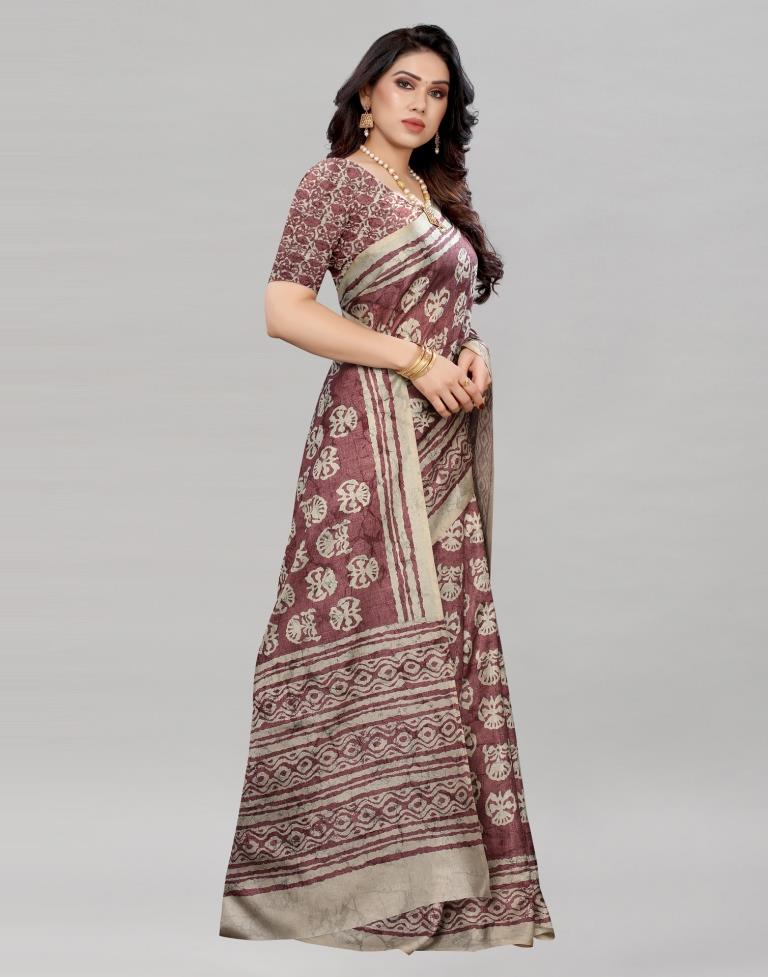 Rose Wood Silk Printed Saree | Sudathi
