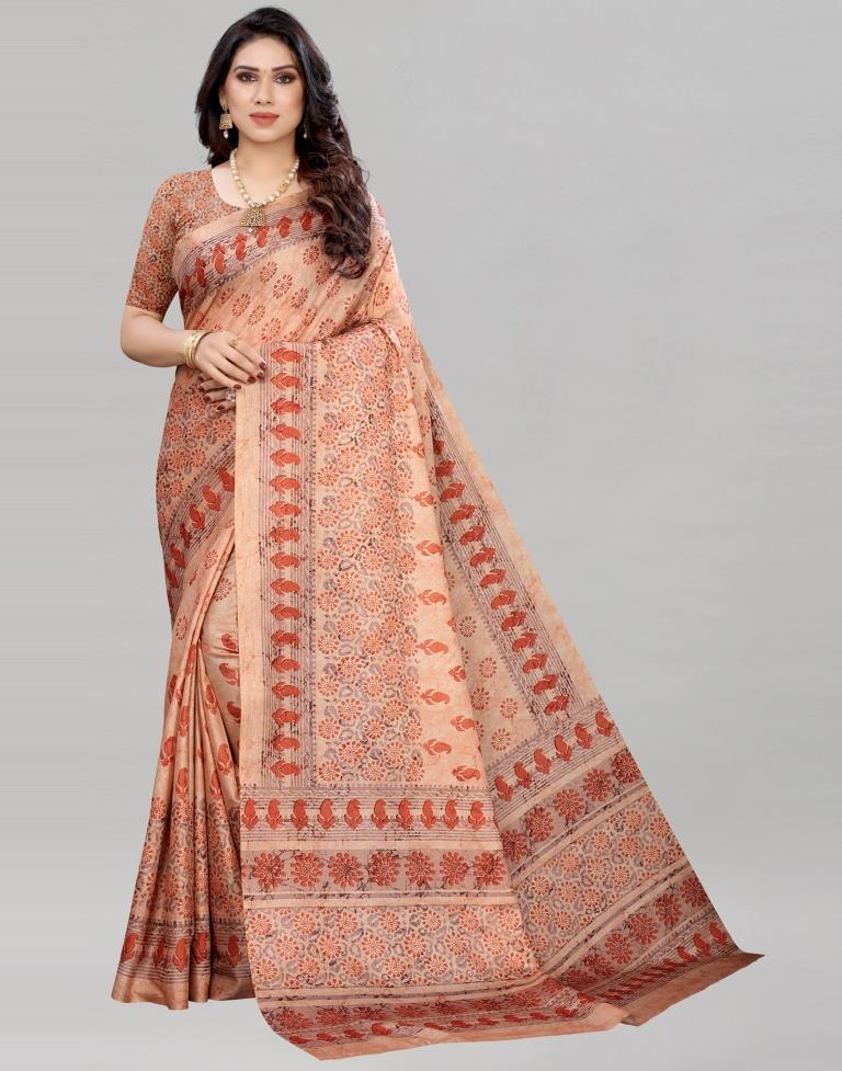 Peach Silk Printed Saree | Sudathi