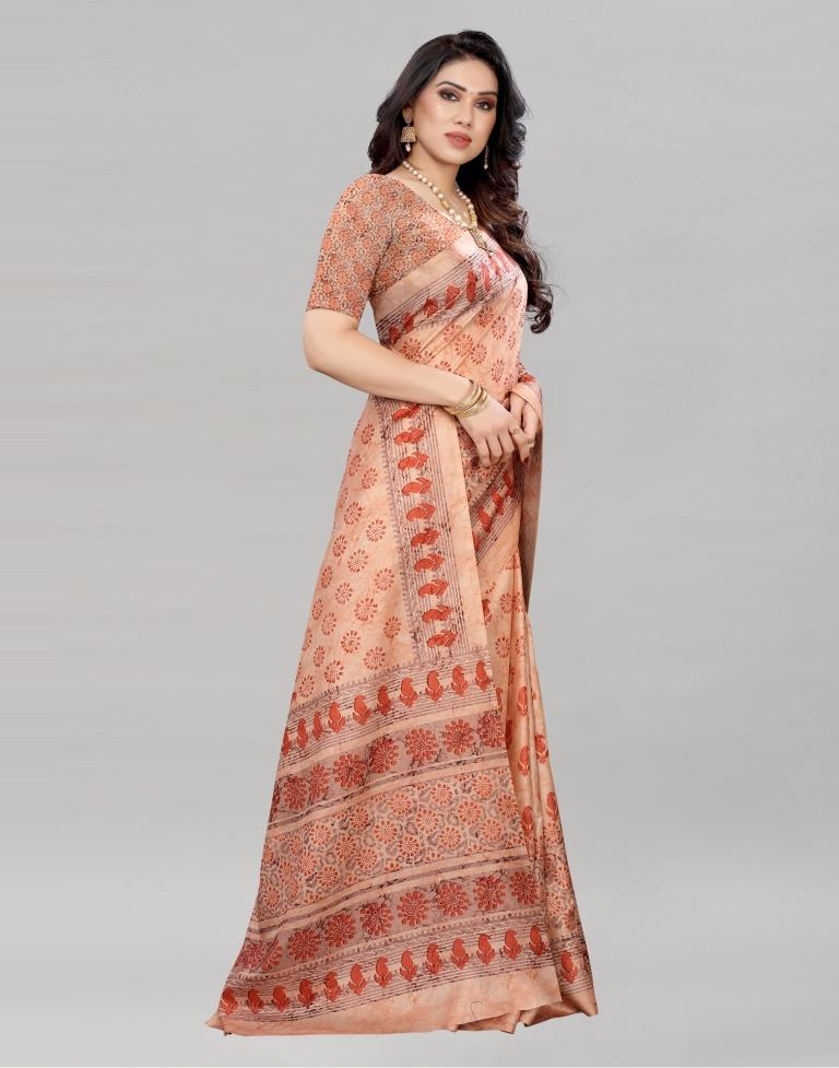 Peach Silk Printed Saree | Sudathi