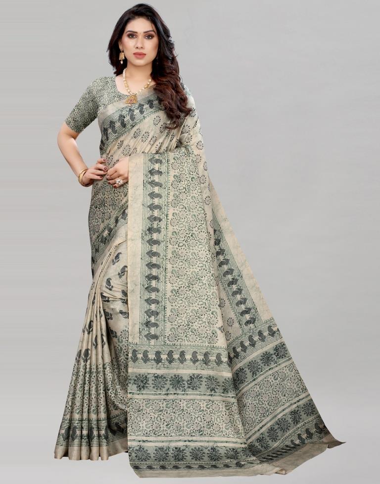 Cream Silk Printed Saree | Sudathi