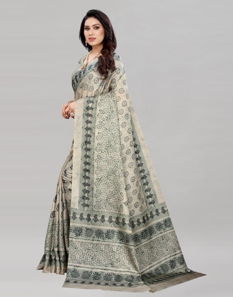 Cream Silk Printed Saree | Sudathi