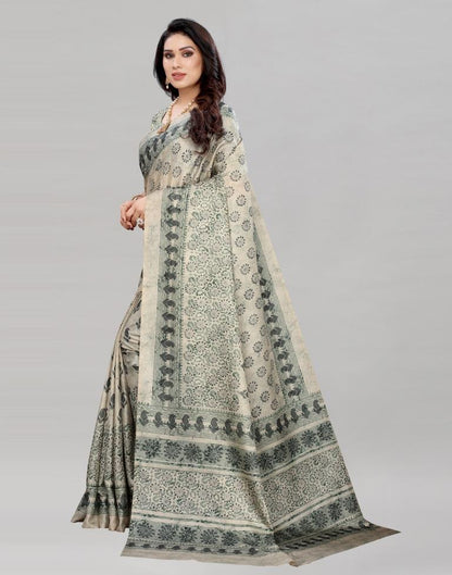 Cream Silk Printed Saree | Sudathi