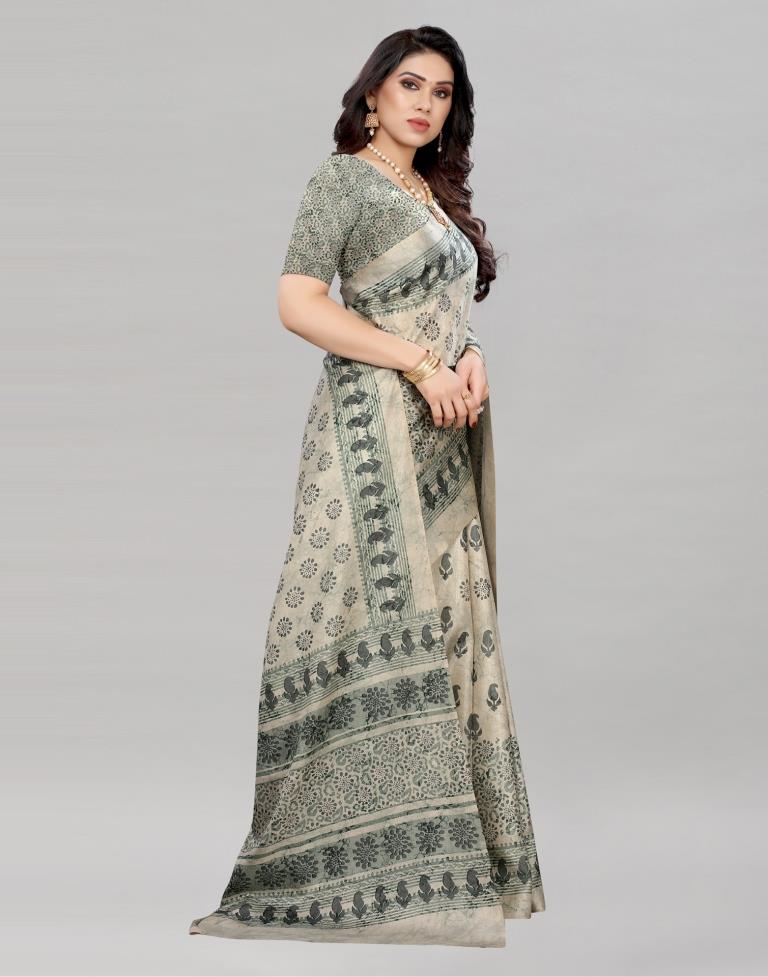 Cream Silk Printed Saree | Sudathi