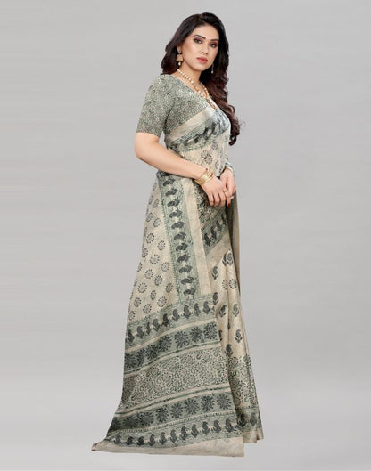 Cream Silk Printed Saree | Sudathi
