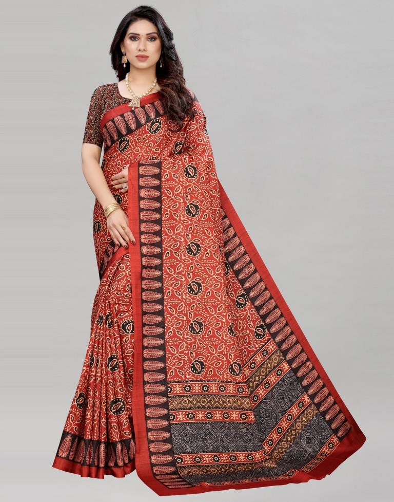 Rust Red Silk Printed Saree | Sudathi