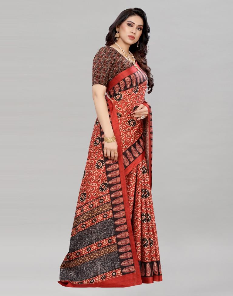 Rust Red Silk Printed Saree | Sudathi