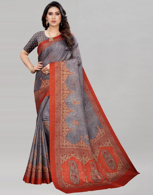 Greyish Violet Silk Printed Saree | Sudathi