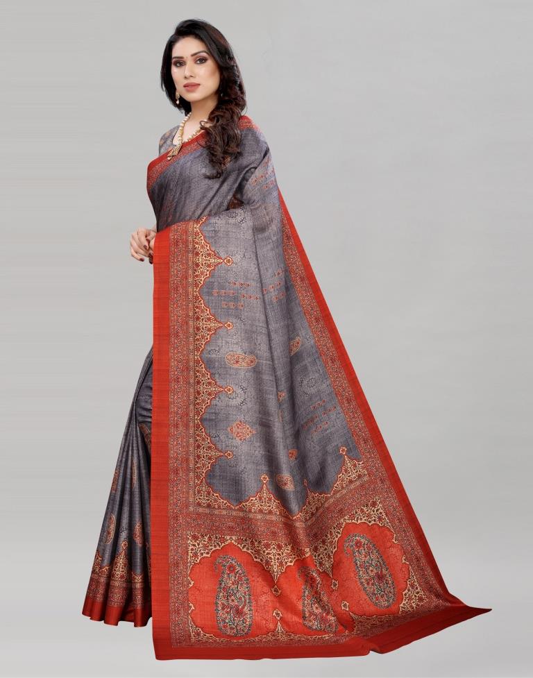 Greyish Violet Silk Printed Saree | Sudathi