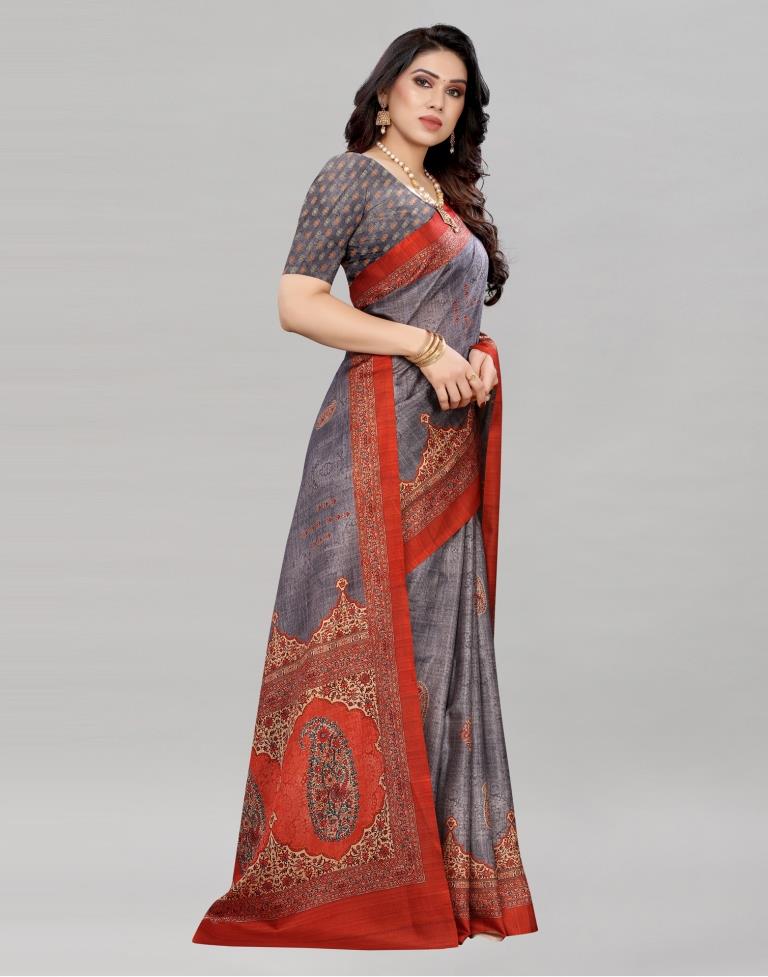Greyish Violet Silk Printed Saree | Sudathi