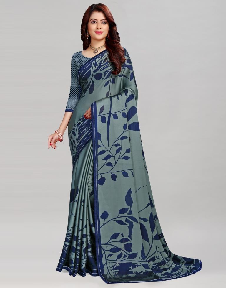 Blueish Grey Printed Saree | Sudathi