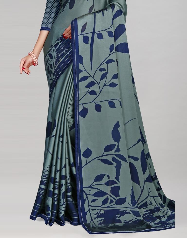 Blueish Grey Printed Saree | Sudathi