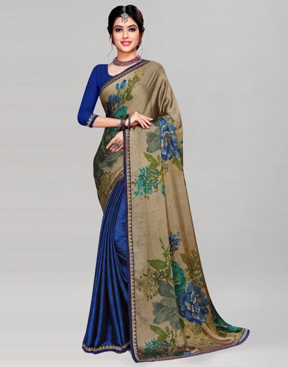 Glitzy Beige Blue Printed Saree | Sudathi