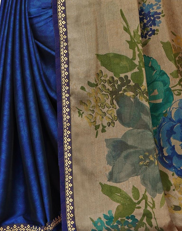 Glitzy Beige Blue Printed Saree | Sudathi