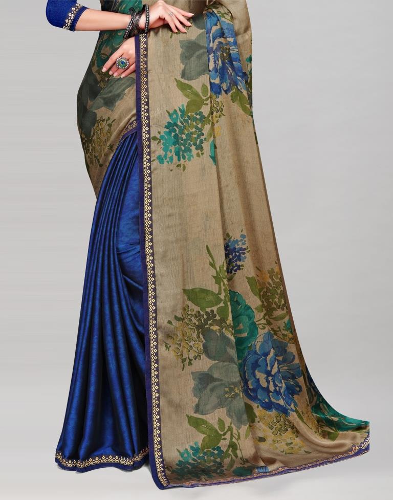 Glitzy Beige Blue Printed Saree | Sudathi