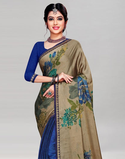 Glitzy Beige Blue Printed Saree | Sudathi