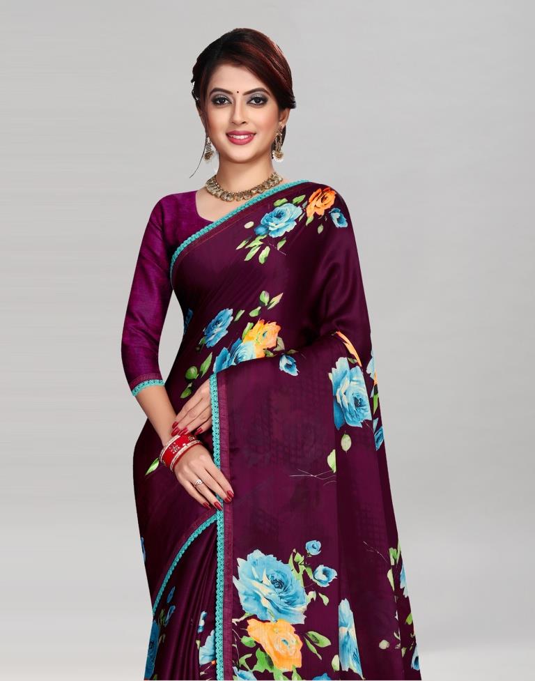 Wine Chinon Printed Saree | Sudathi