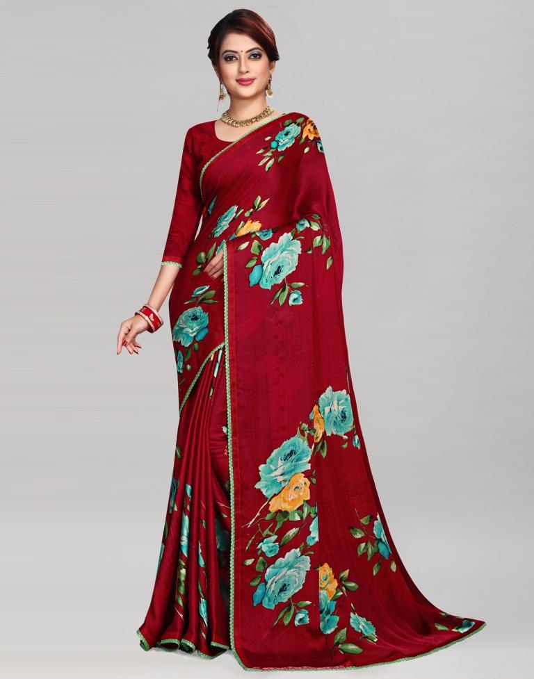 Maroon Chinon Printed Saree | Sudathi