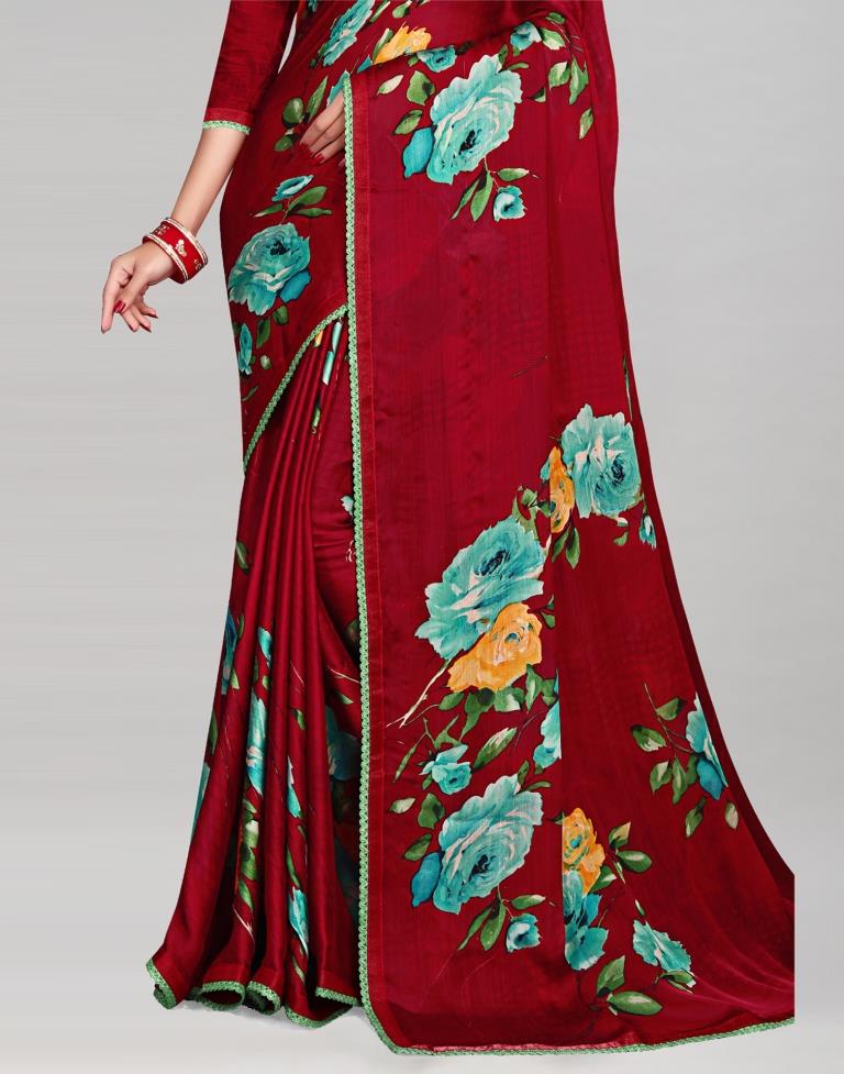 Maroon Chinon Printed Saree | Sudathi