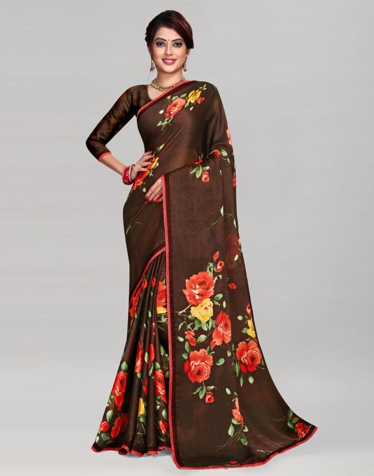 Coffee Brown Chinon Printed Saree | Sudathi