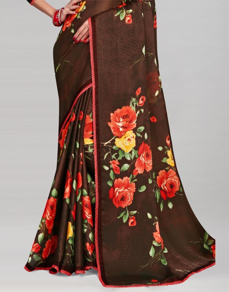 Coffee Brown Chinon Printed Saree | Sudathi