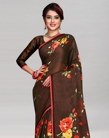 Coffee Brown Chinon Printed Saree | Sudathi