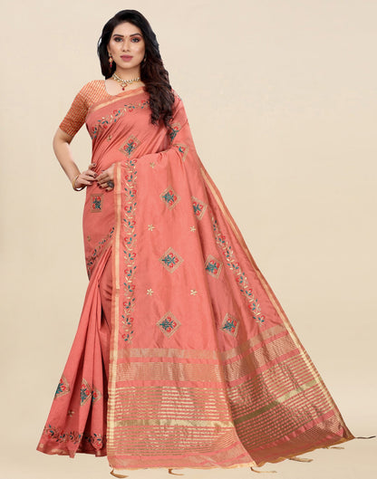 Coral Pink Embroidered Silk Saree | Sudathi