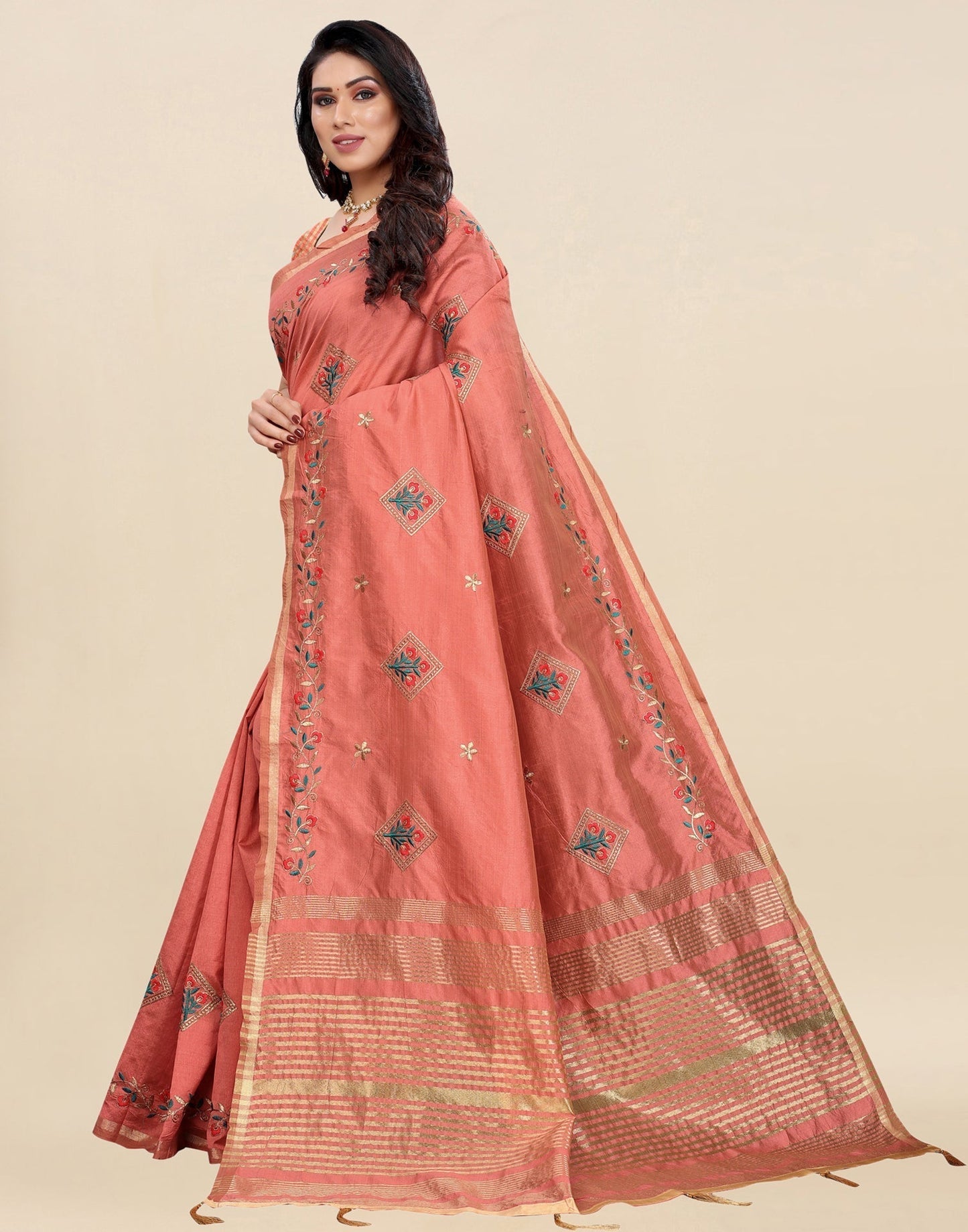 Coral Pink Embroidered Silk Saree | Sudathi