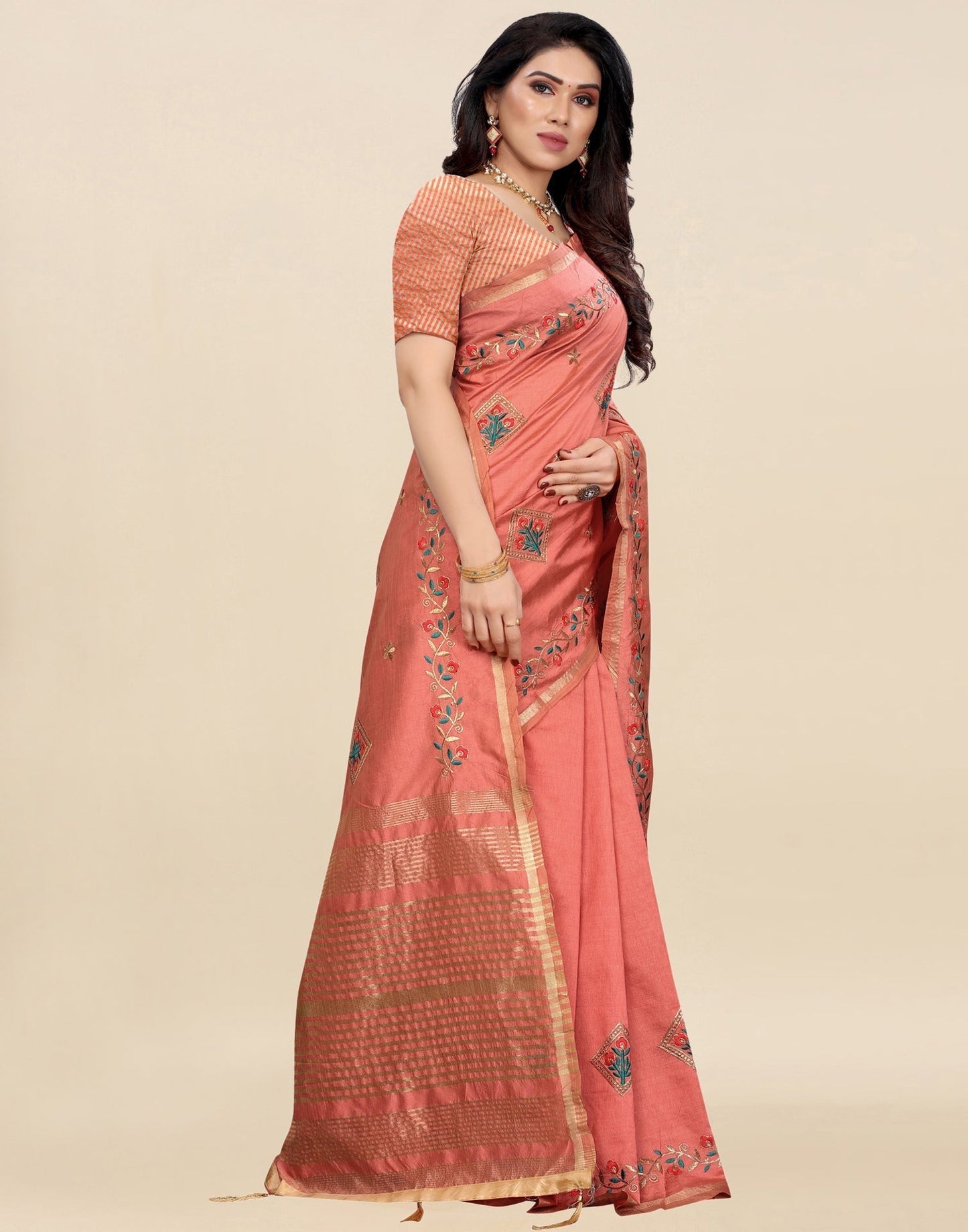 Coral Pink Embroidered Silk Saree | Sudathi