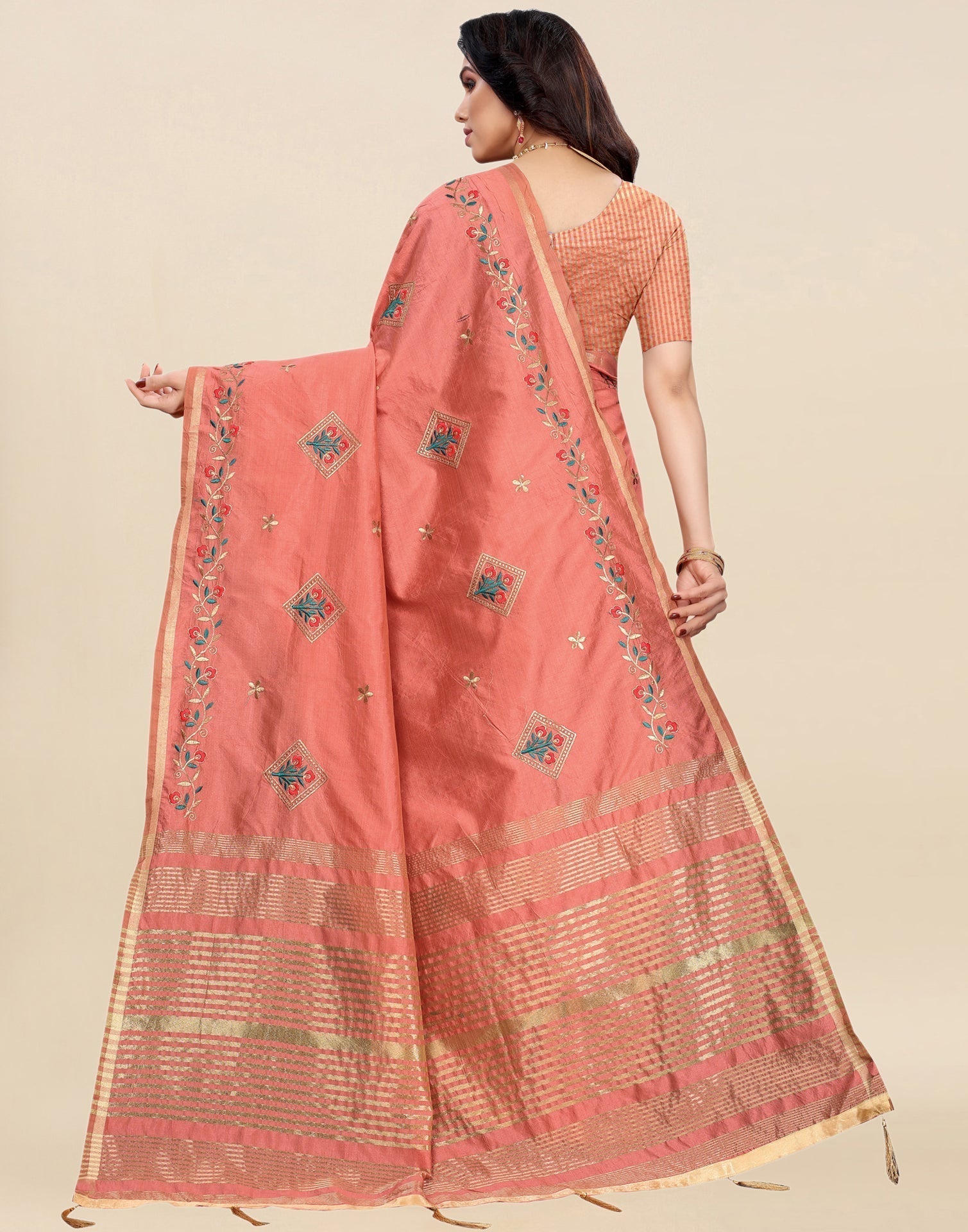 Coral Pink Embroidered Silk Saree | Sudathi