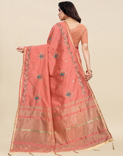 Coral Pink Embroidered Silk Saree | Sudathi