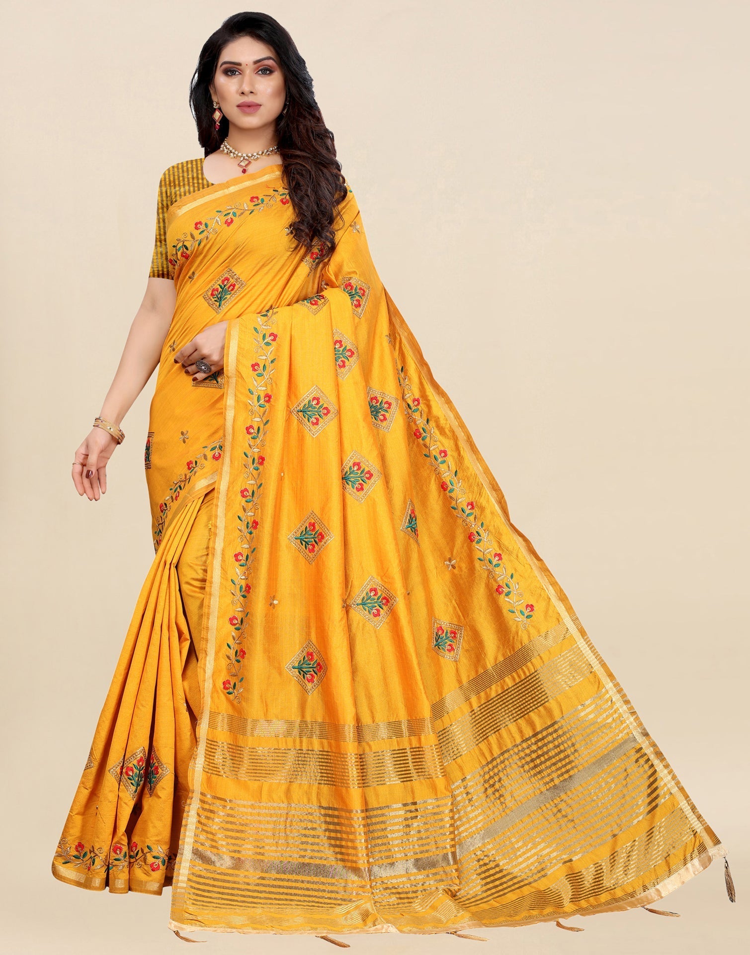 Mustard Yellow Embroidered Silk Saree | Sudathi
