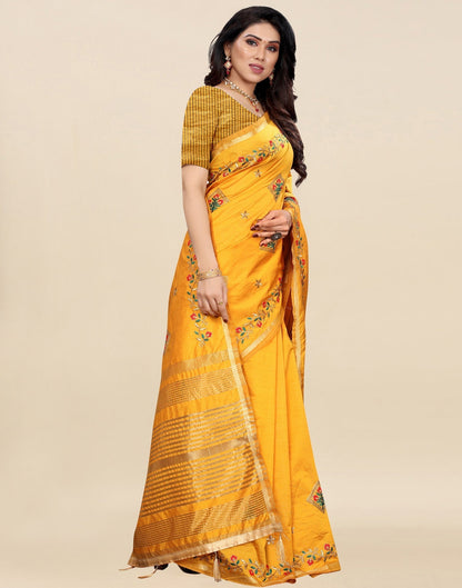Mustard Yellow Embroidered Silk Saree | Sudathi