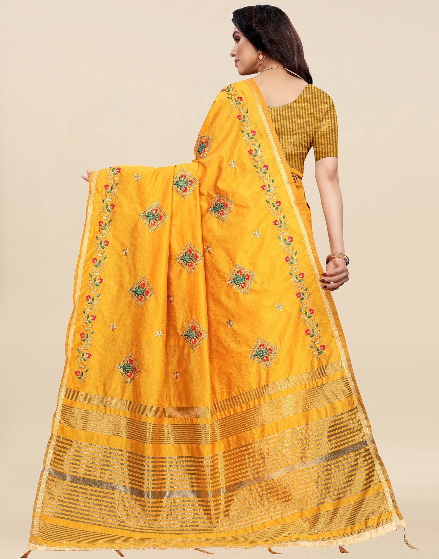 Mustard Yellow Embroidered Silk Saree | Sudathi