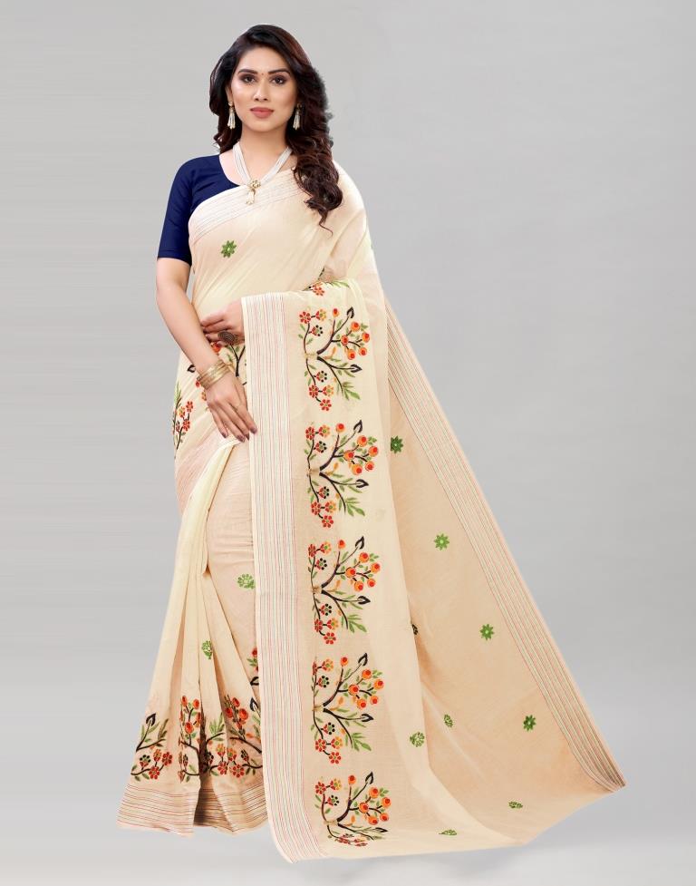 Beige Embroidered Cotton Saree | Sudathi