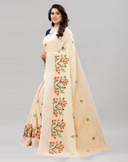 Beige Embroidered Cotton Saree | Sudathi