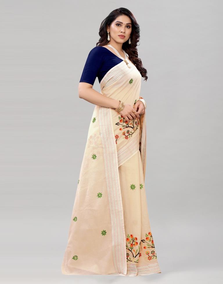 Beige Embroidered Cotton Saree | Sudathi