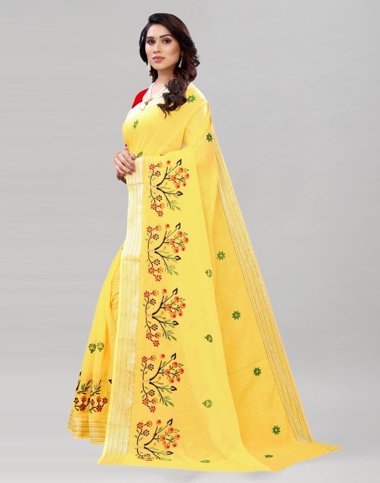 Yellow Embroidered Cotton Saree | Sudathi