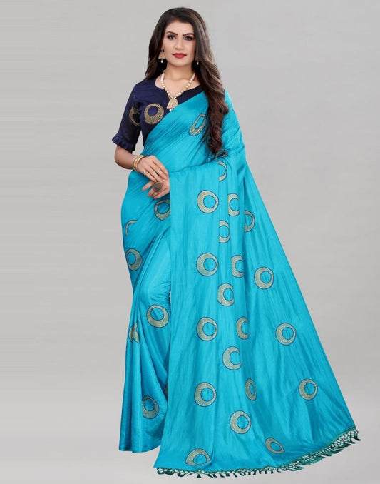 Peacock Blue Coloured Poly Silk Embroidered Partywear saree | Sudathi