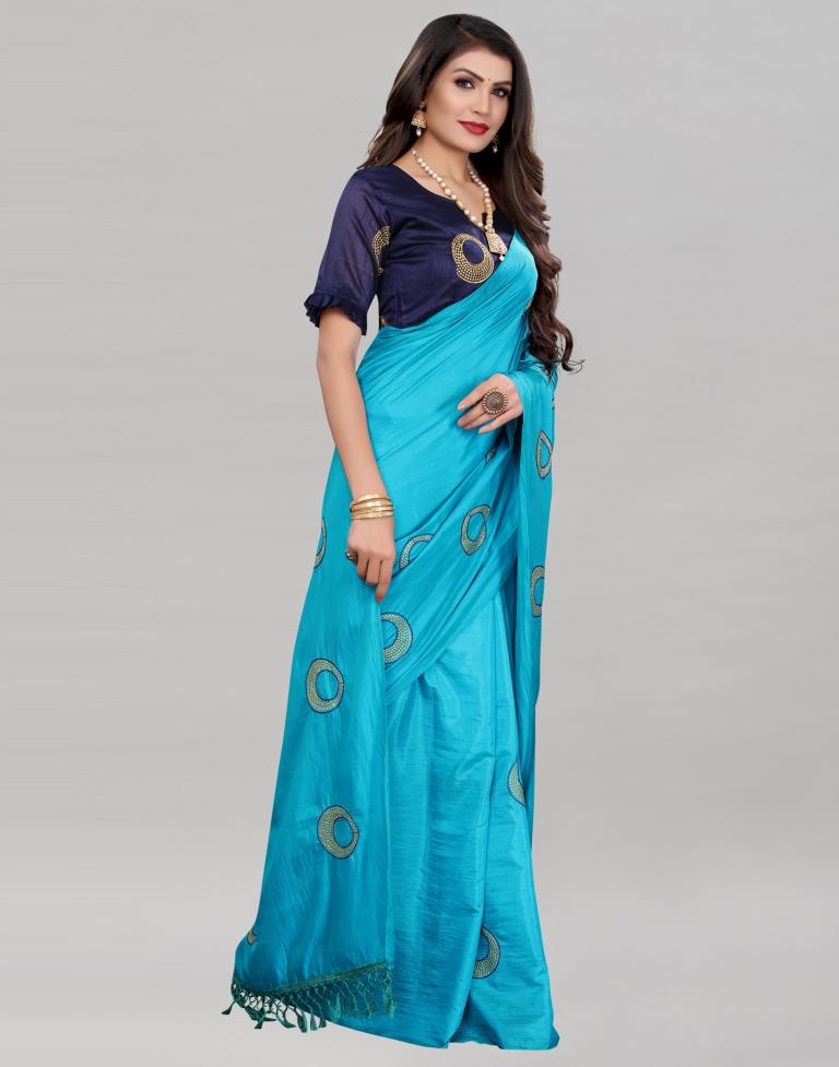 Peacock Blue Coloured Poly Silk Embroidered Partywear saree | Sudathi