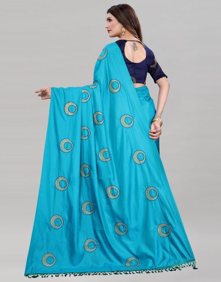Peacock Blue Coloured Poly Silk Embroidered Partywear saree | Sudathi