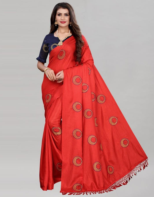 Red Coloured Poly Silk Embroidered Partywear saree | Sudathi
