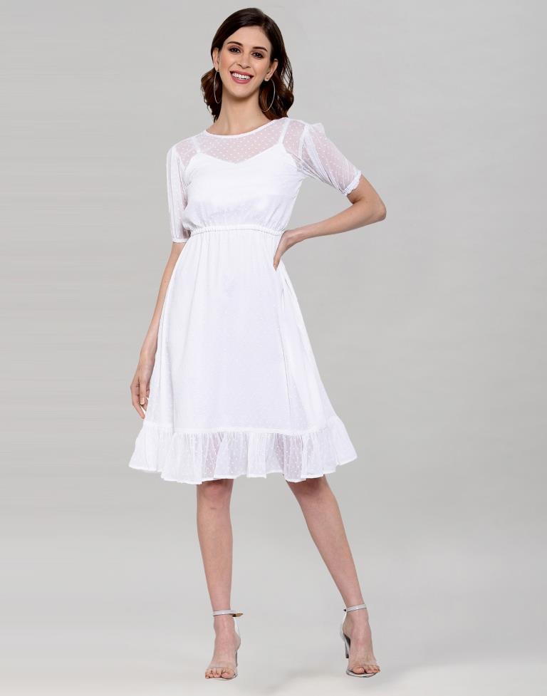 White Coloured Rotto Butti Plain Dress | Sudathi