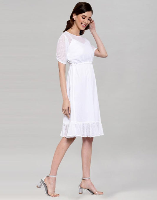 White Coloured Rotto Butti Plain Dress | Sudathi