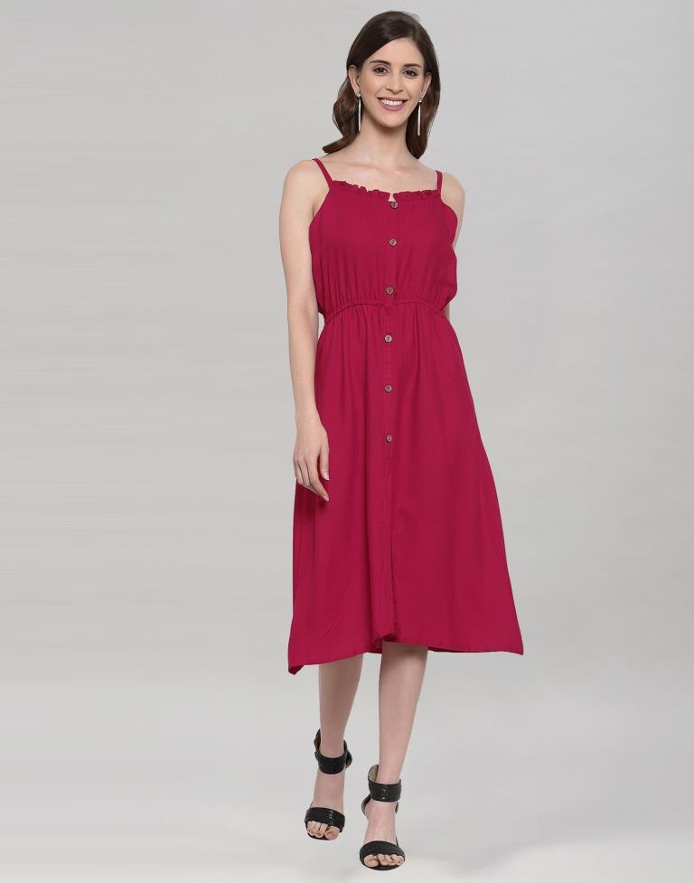 Hot Pink Coloured Rayon Slub Solid Dress | Leemboodi