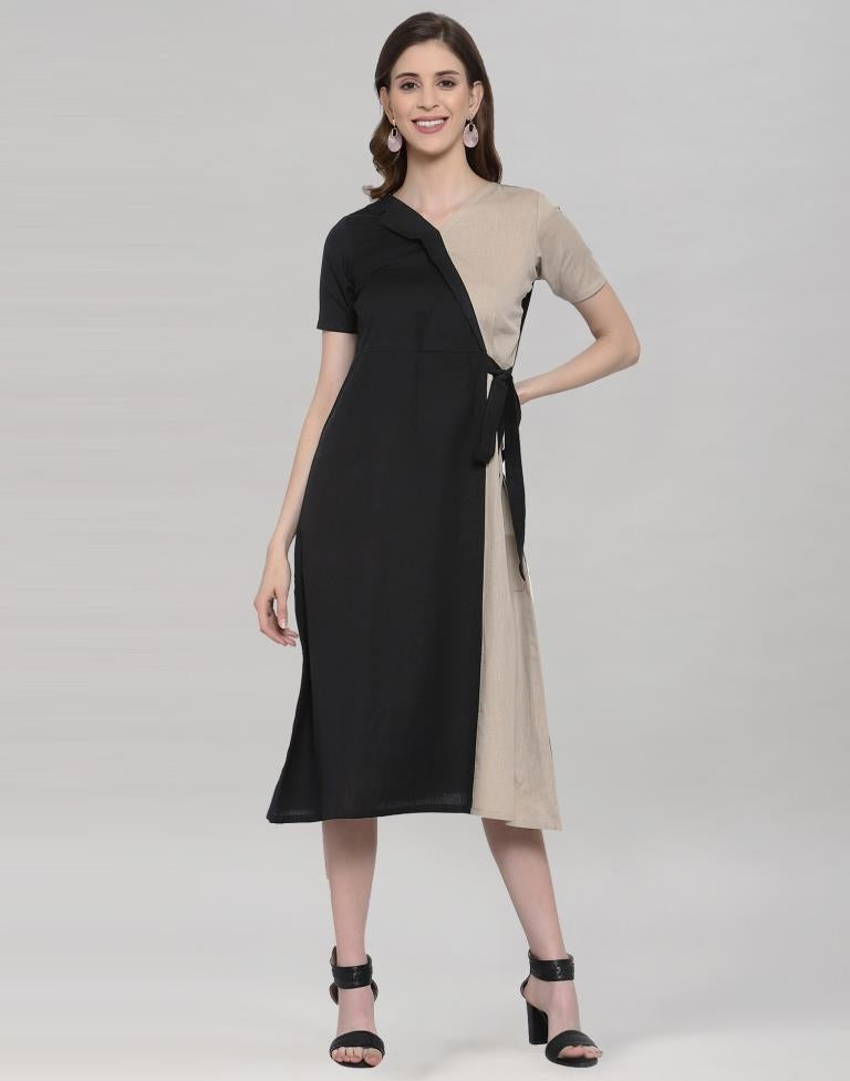 Black & Beige Coloured Cotton Flex Plain Dress | Sudathi