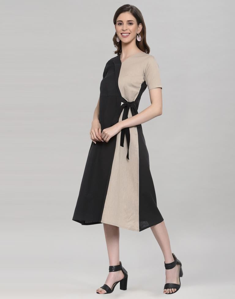 Black & Beige Coloured Cotton Flex Plain Dress | Sudathi