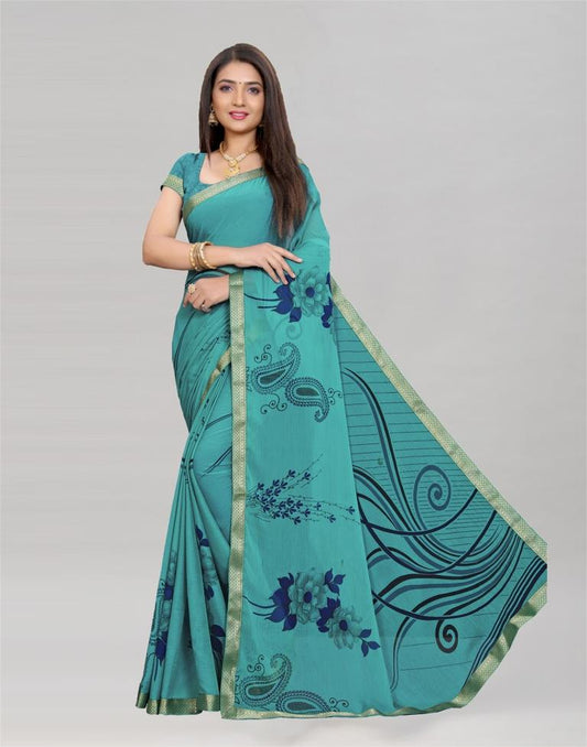 Rama Green Coloured Chiffon Floral Printed Casual saree | Sudathi
