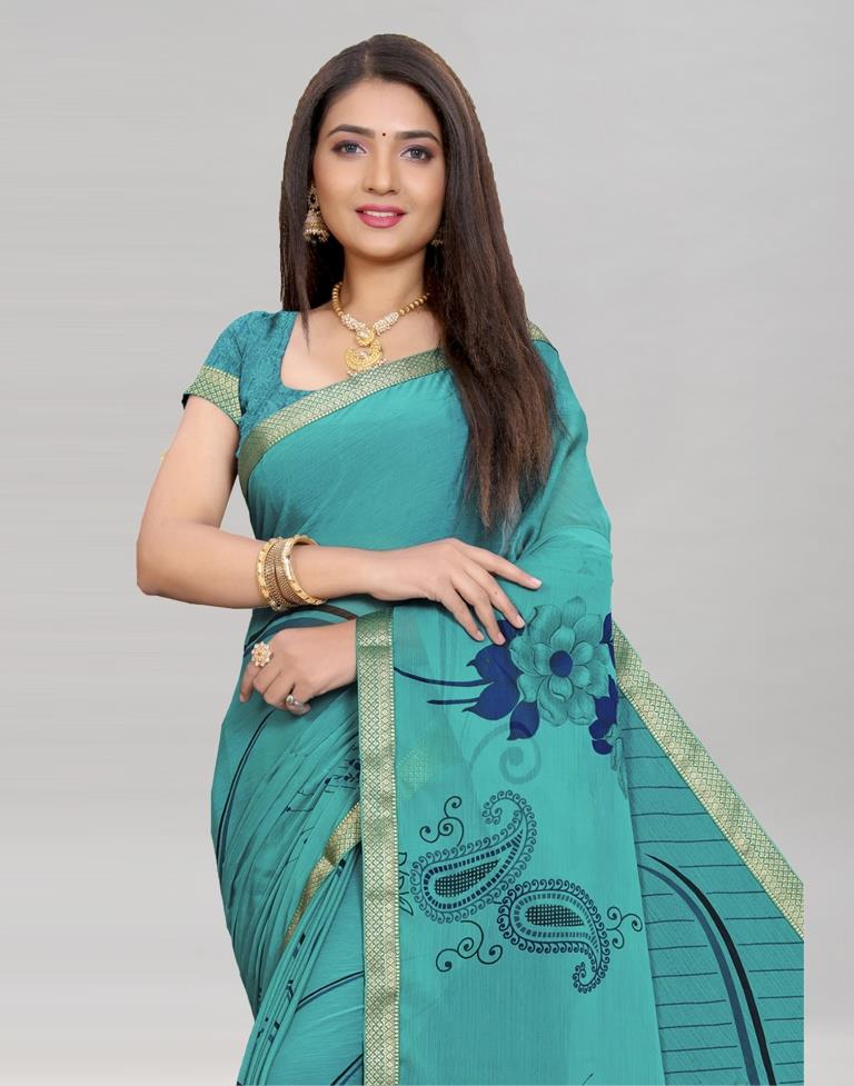 Rama Green Coloured Chiffon Floral Printed Casual saree | Sudathi