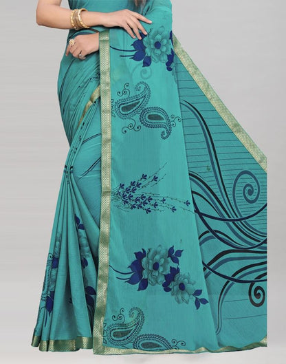 Rama Green Coloured Chiffon Floral Printed Casual saree | Sudathi