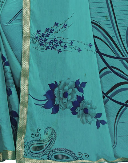 Rama Green Coloured Chiffon Floral Printed Casual saree | Sudathi